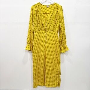 ASOS Yellow Polka Dot Midi Dress Long Sleeve Button Detail Size 8 V-Neck Retro